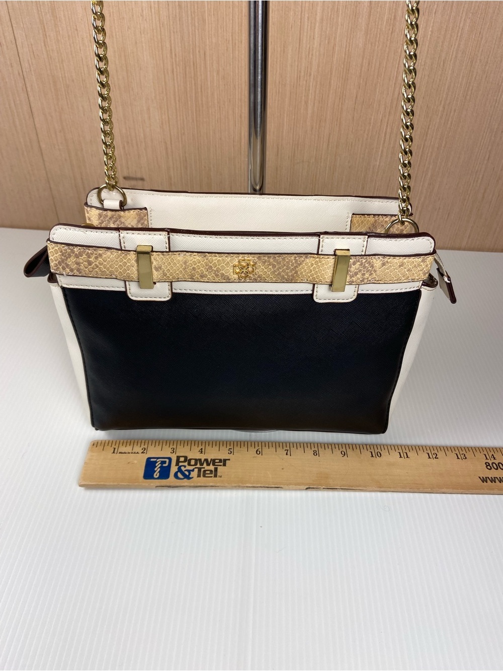 Ann Taylor Colorblock Genuine Leather Chain Shoulder Bag Snake Trim - Picture 2 of 13